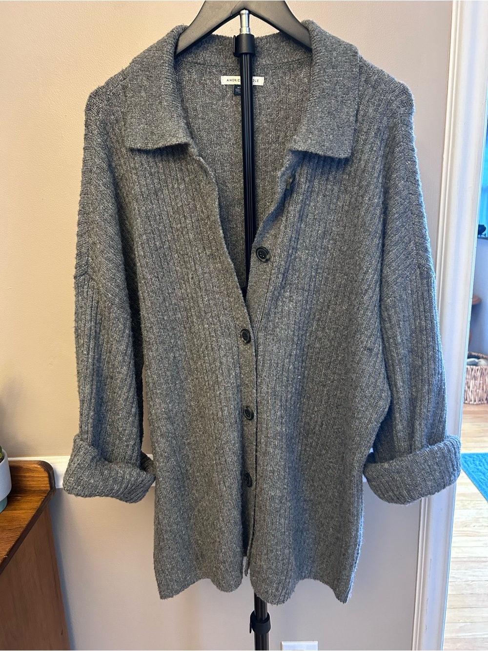 American Eagle Outfitters Gray Ribbed Button-Up Cardigan